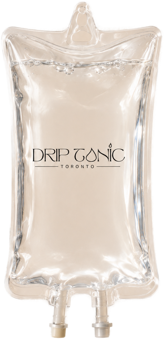 Drip Tonic IV bag with branded label, clear fluid