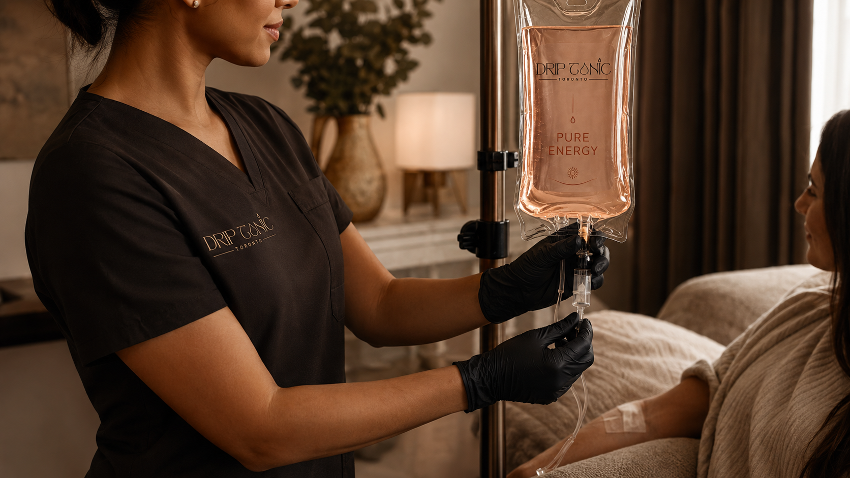 Eknoor Mann, RN, preparing a pharmacy-compounded IV bag at a private Drip Tonic appointment