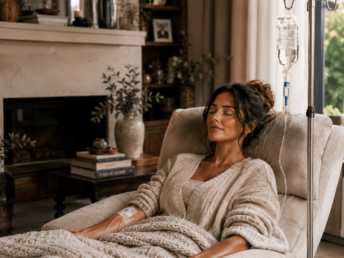 A client reclining in a soft cardigan while receiving an IV at home — fireplace and curated bookshelves in the background.