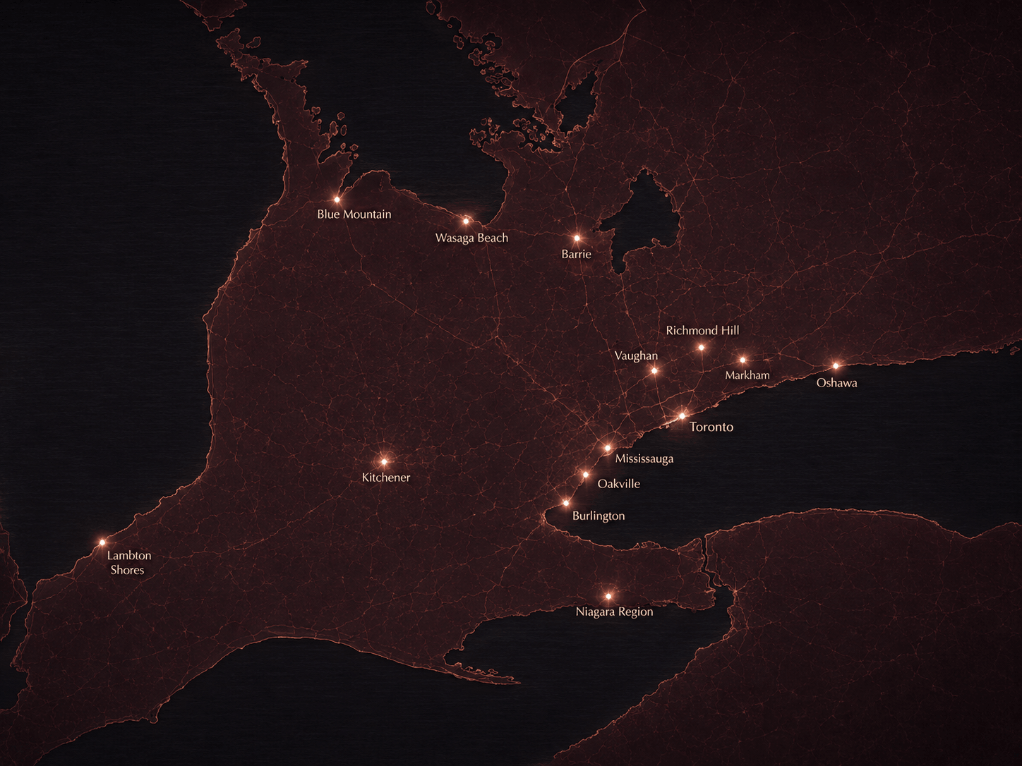 Map of the Greater Toronto Area and surrounding regions served by Drip Tonic, with city dots glowing across Toronto, Mississauga, Oakville, Burlington, Hamilton, Milton, Vaughan, Markham, Richmond Hill, Oshawa, Barrie, Blue Mountain, Wasaga Beach, Kitchener, Waterloo, Cambridge, Lambton Shores and the Niagara Region
