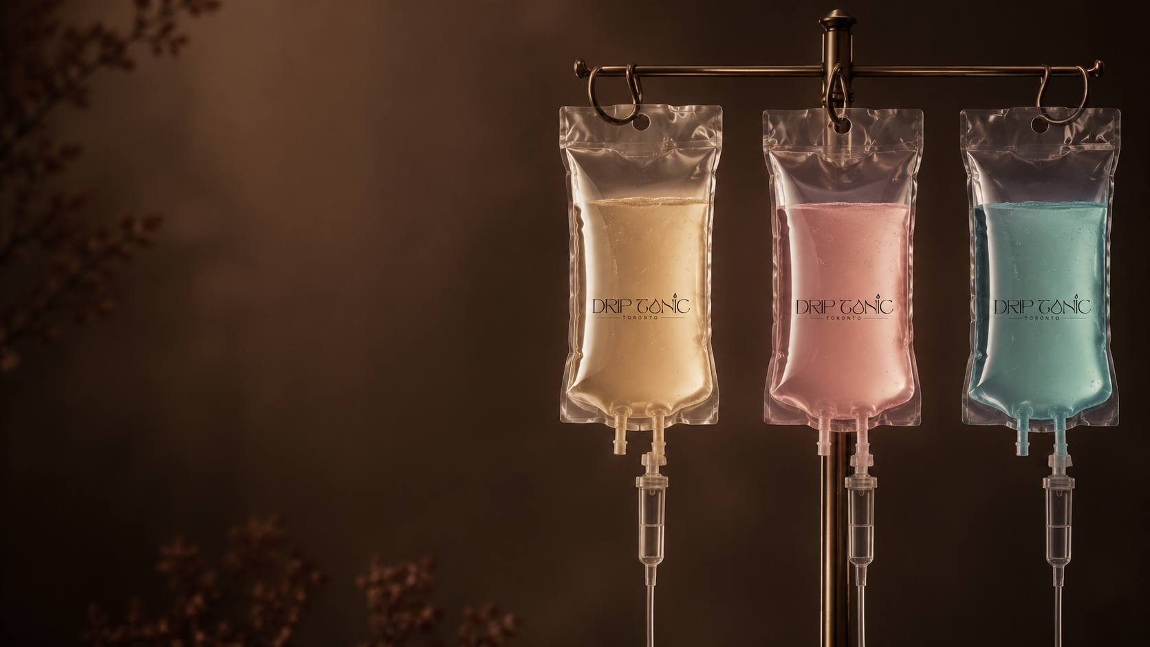 Three pharmacy-prepared Drip Tonic IV bags (Glutathione, Myers Cocktail and Athletes Recovery) on a brass stand, backlit in warm studio light.